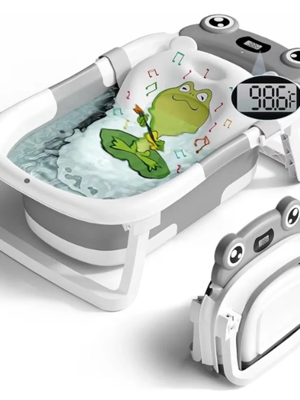 New - Collapsible Baby Bathtub with Cushion Thermometer Foldable Infant Toddler